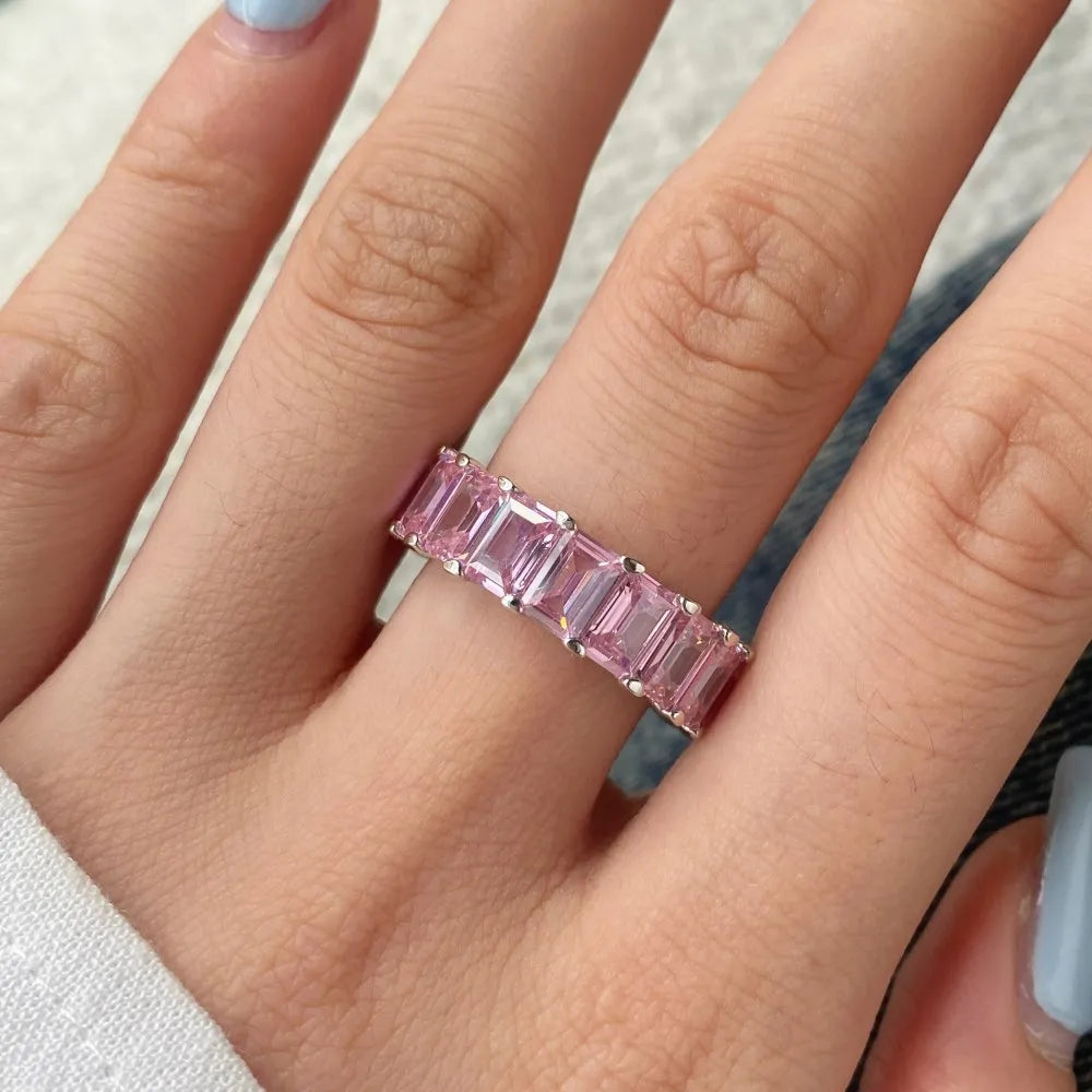 Women's rectangular silver ring with full diamond and super glitter zircon stones in blue colour