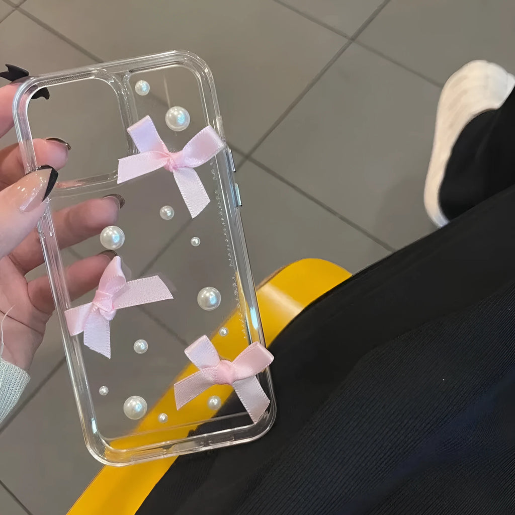 Pink transparent TPU phone case with three-dimensional pearl bow for iPhone 13 Pro Max