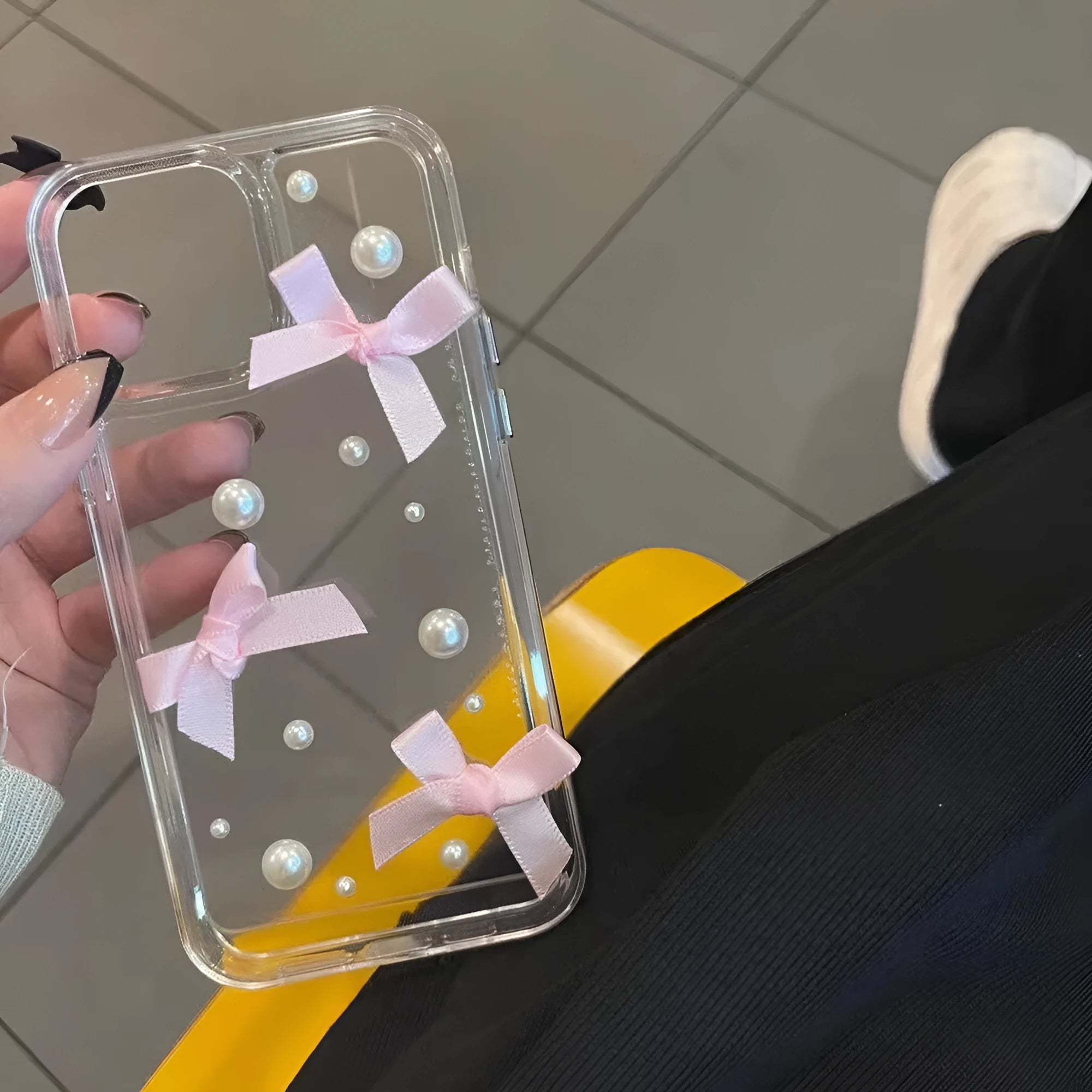 Pink transparent TPU phone case with three-dimensional pearl bow for iPhone 13 Pro Max