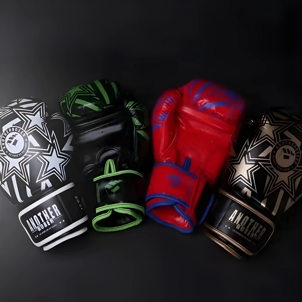 Pair of children's red boxing gloves for Sanda training on a white background.
