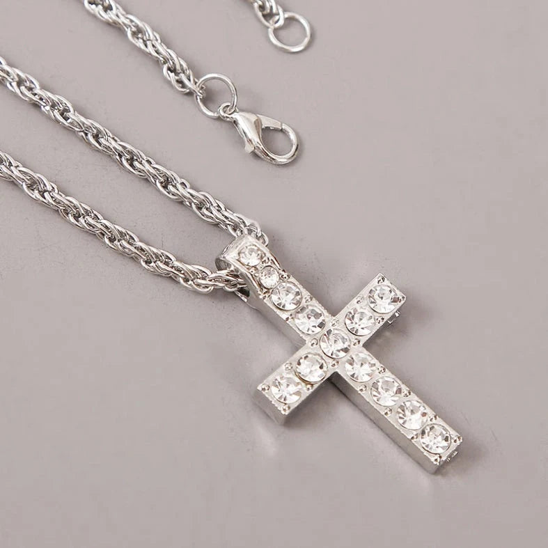Silver alloy cross pendant necklace with 60 cm rope chain for women and men