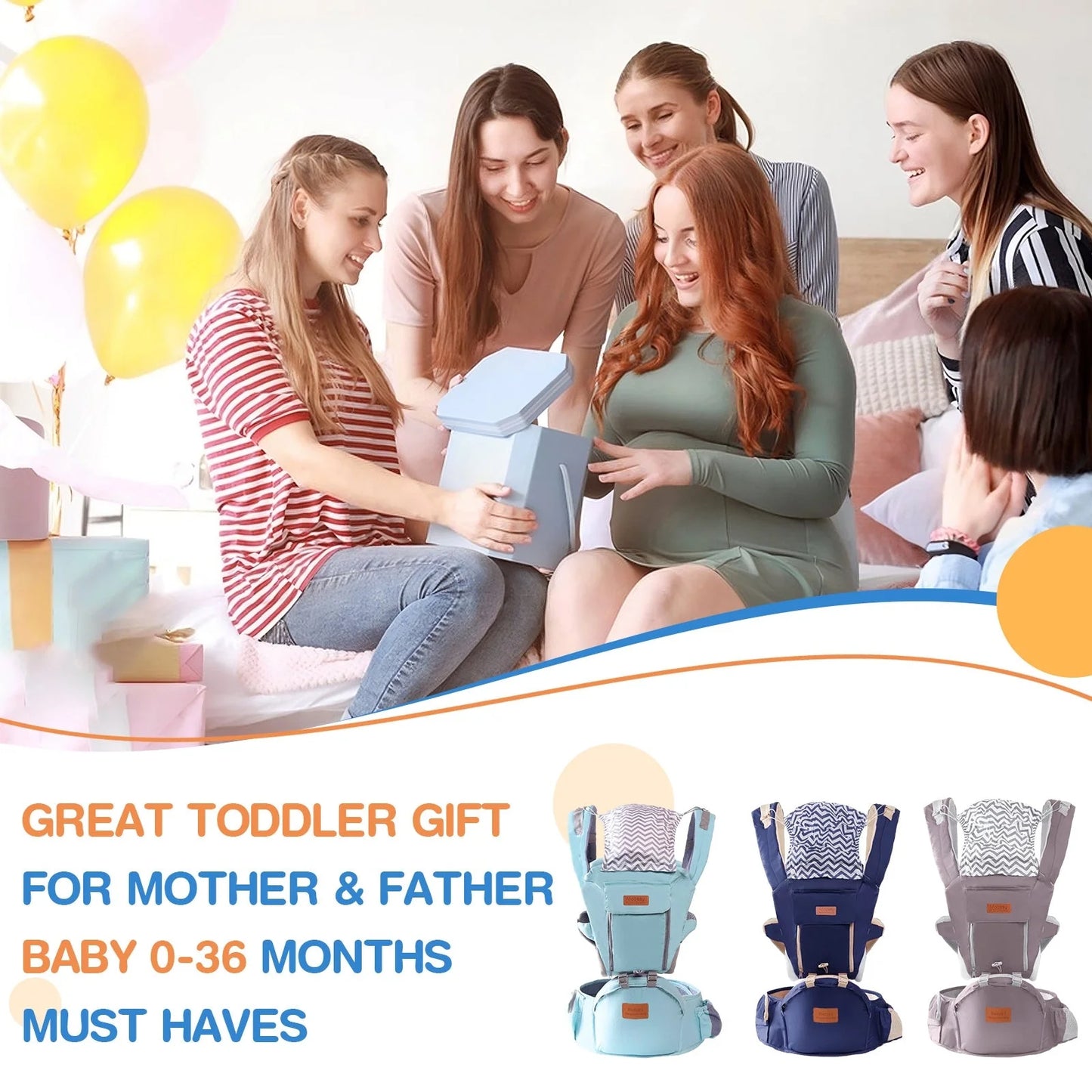 Multi-functional baby waist stool carrier in light blue, grey, and dark blue options