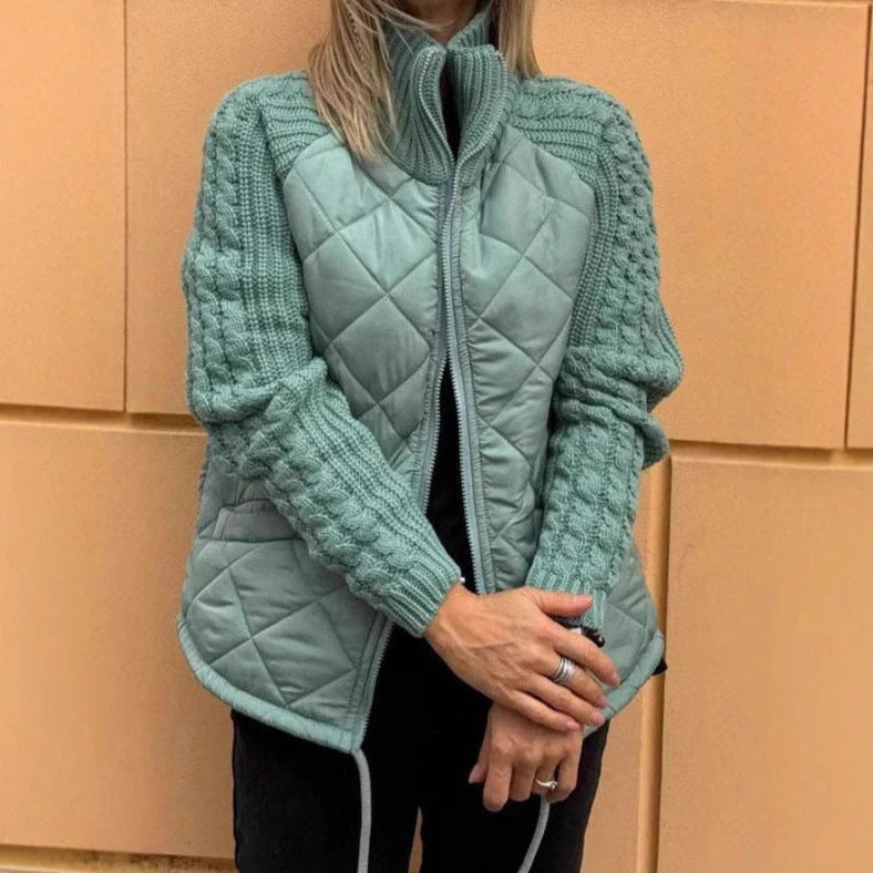 Women's cotton cardigan jacket with long sleeves, stand collar, and front zipper closure in sizes S to 3XL, offering a versatile layering piece for British weather with five colour options including army green and lake blue
