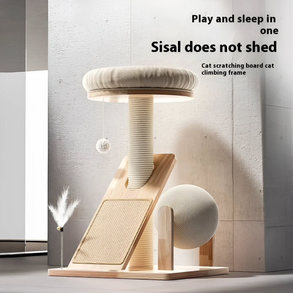 Small cat climbing frame made of sisal rope in jute colour, serving as a scratch board