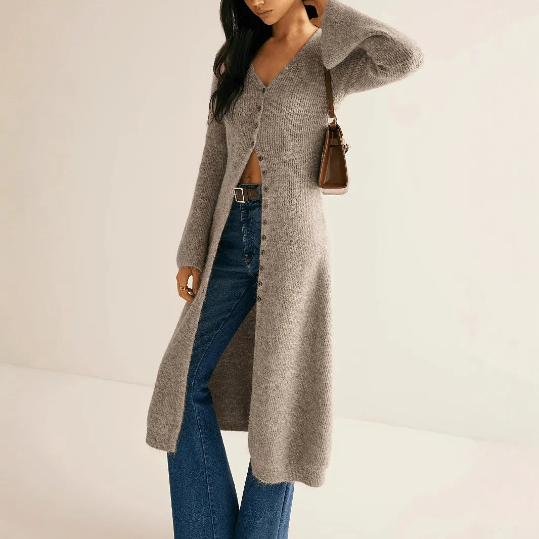 Khaki French retro style long sleeve coat cardigan with button front closure