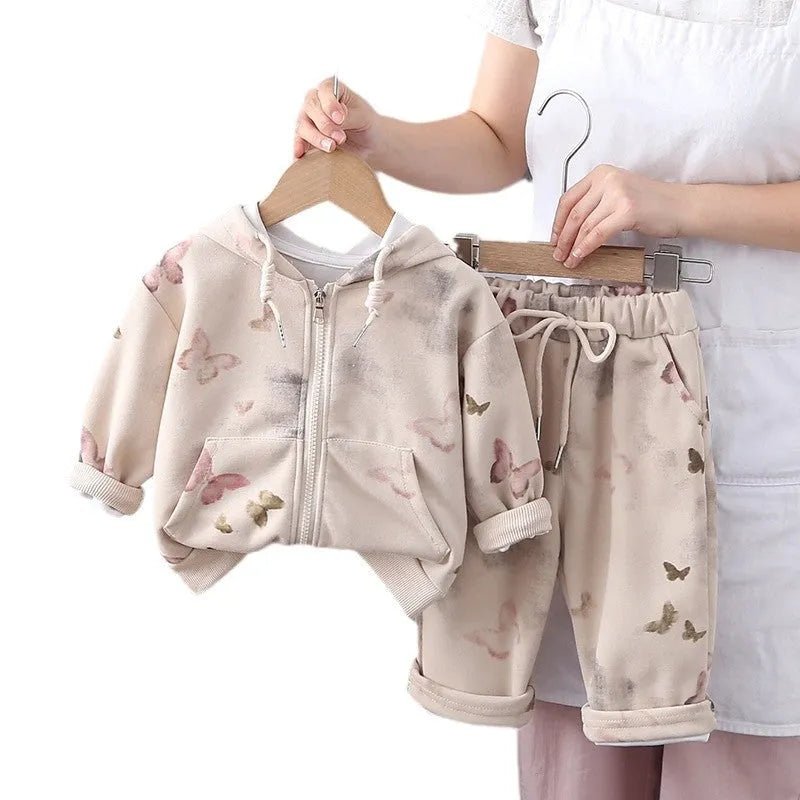 Children's cotton zip-up shirt and long trousers two-piece set in cartoon pattern, available in Gray