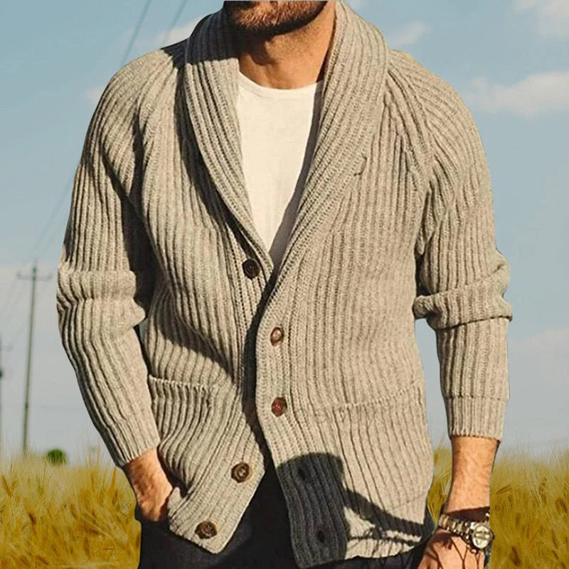Men's khaki lapel knitting cardigan with pockets, long sleeves, and straight cut design