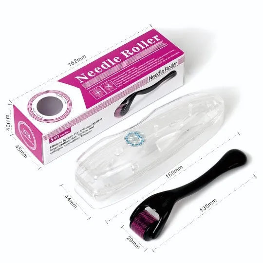 Black and purple derma rollers with titanium microneedle heads, showing size options from 0.2mm to 1.0mm.