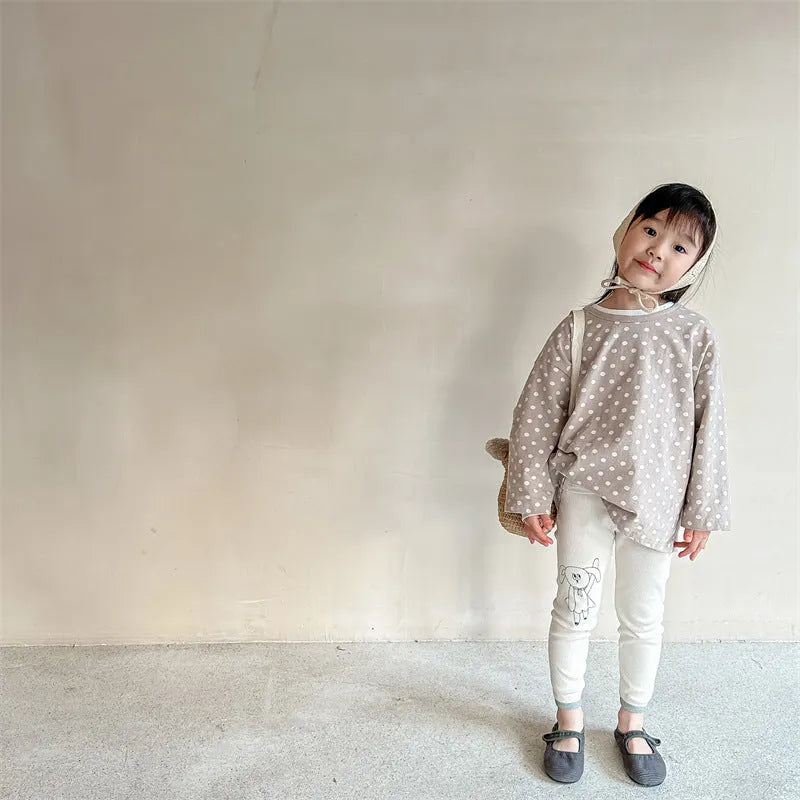 Girls' cotton rabbit print cropped leggings in beige and mixed gray, sizes 80-130cm, spring autumn wear