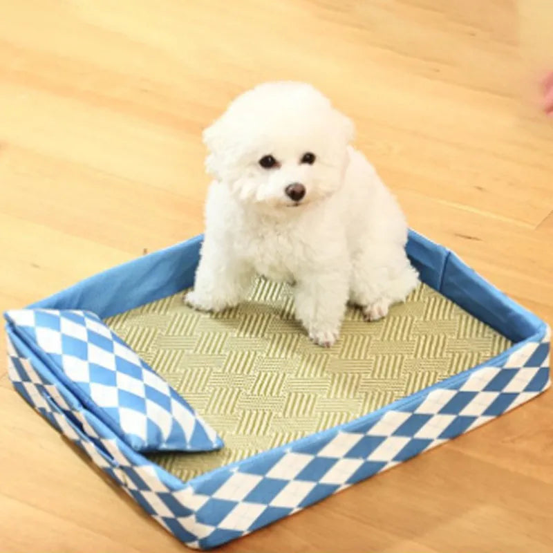 A blue woven rattan cat mat showing its breathable texture and rectangular shape, placed on a floor.