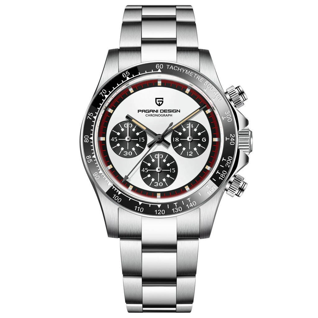 Berjani men's chronograph watch with stainless steel case and bracelet, black dial, chronograph subdials
