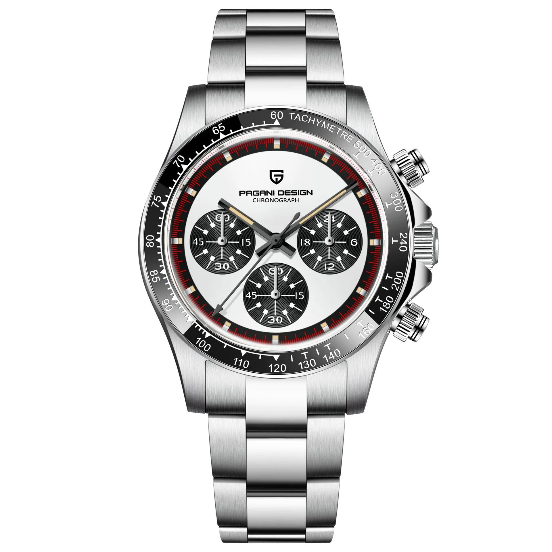 Berjani men's chronograph watch with stainless steel case and bracelet, black dial, chronograph subdials