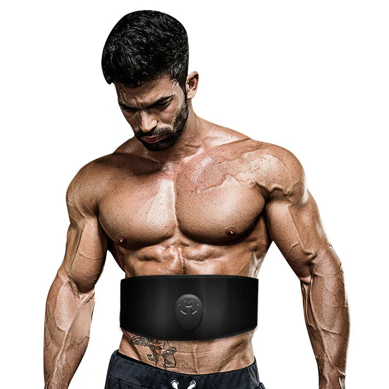 Black adjustable slimming belt with abdominal massage stick showing 110cm length and vibration controls