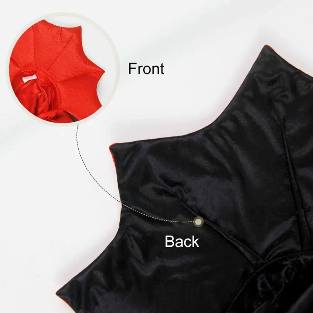 Vampire Halloween cloak costume for small dogs and cats showing three size options with measurements