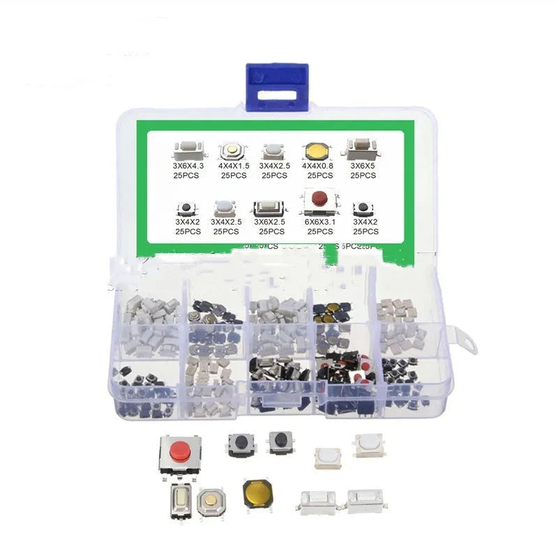 Box containing 250 industrial SMT touch switch buttons for circuit board assembly