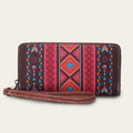 Bohemian striped canvas RFID wallet showing anti-theft function and 20x10x2cm dimensions