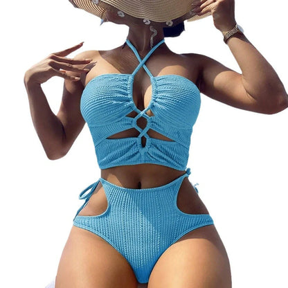 Bikini swimsuit with rope-tight design in nylon fabric, shown in orange colour with sleeveless top and briefs style bottoms