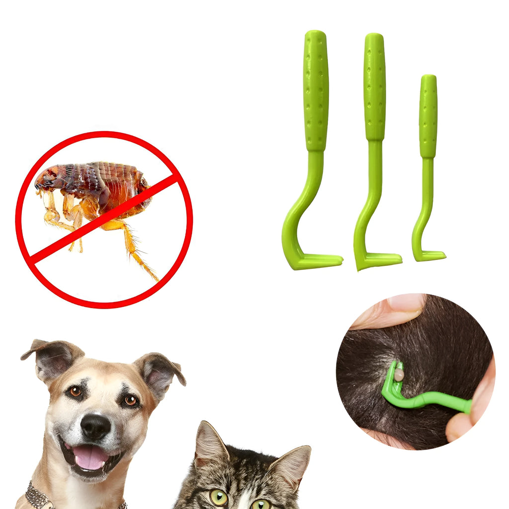 Three plastic tick removal clips for pets in blue and green colours