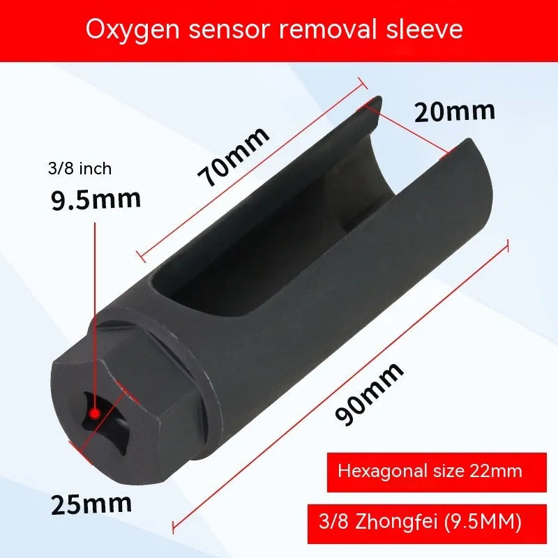 Black chromium vanadium steel oxygen sensor sleeve with 22mm thread for Japanese automotive applications.