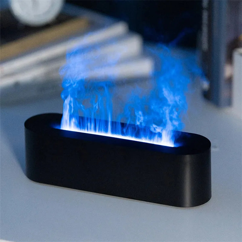 White square ultrasonic flame aroma diffuser with LED lights on a wooden table.