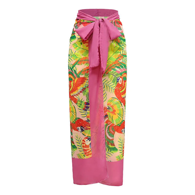 Women's pink retro one-piece swimsuit with V-neck, backless design and thin skirt cover