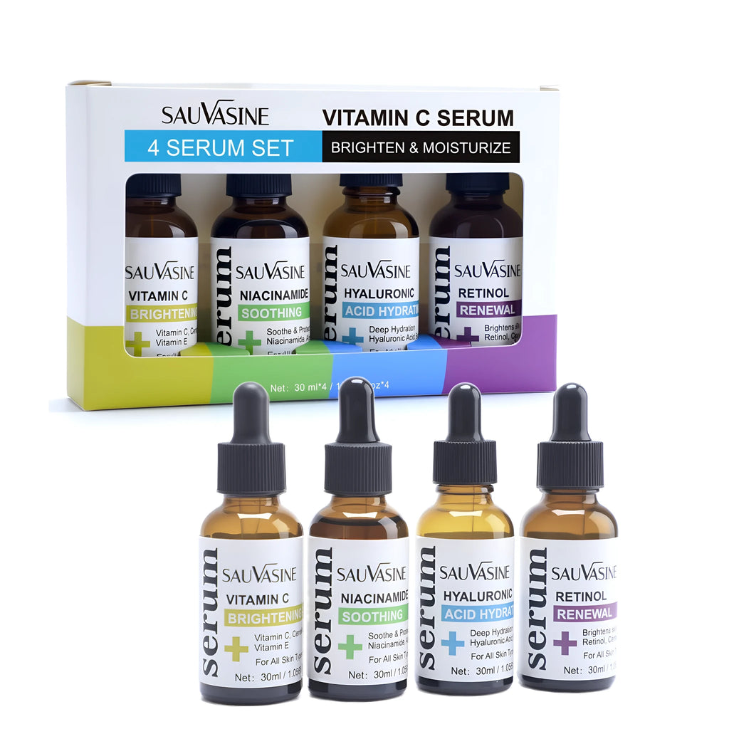 Vitamin C skincare 4-piece set showing four 30ml bottles of facial essence, toner, serum and moisturiser