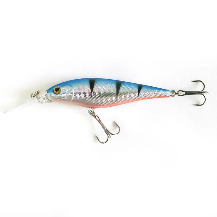 Bionic fishing lure showing 11cm length with detailed colour pattern on ABS plastic body