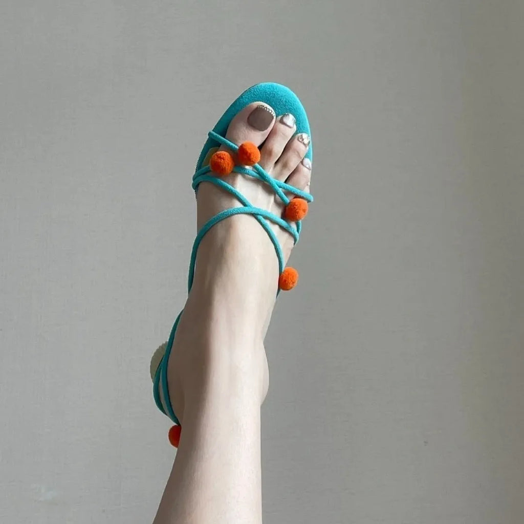 Cyan French genuine leather lace-up high-heeled sandals with niche ball detail and open toe