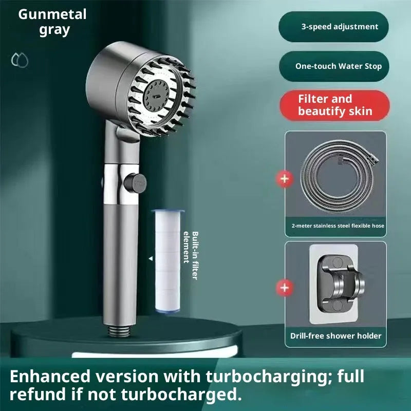 Supercharged ABS handheld shower set in light luxury grey with 5 functions, LED light, and universal interface.