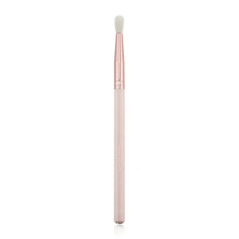 26-piece pink makeup brush set with wooden handles displayed in a PU storage bag