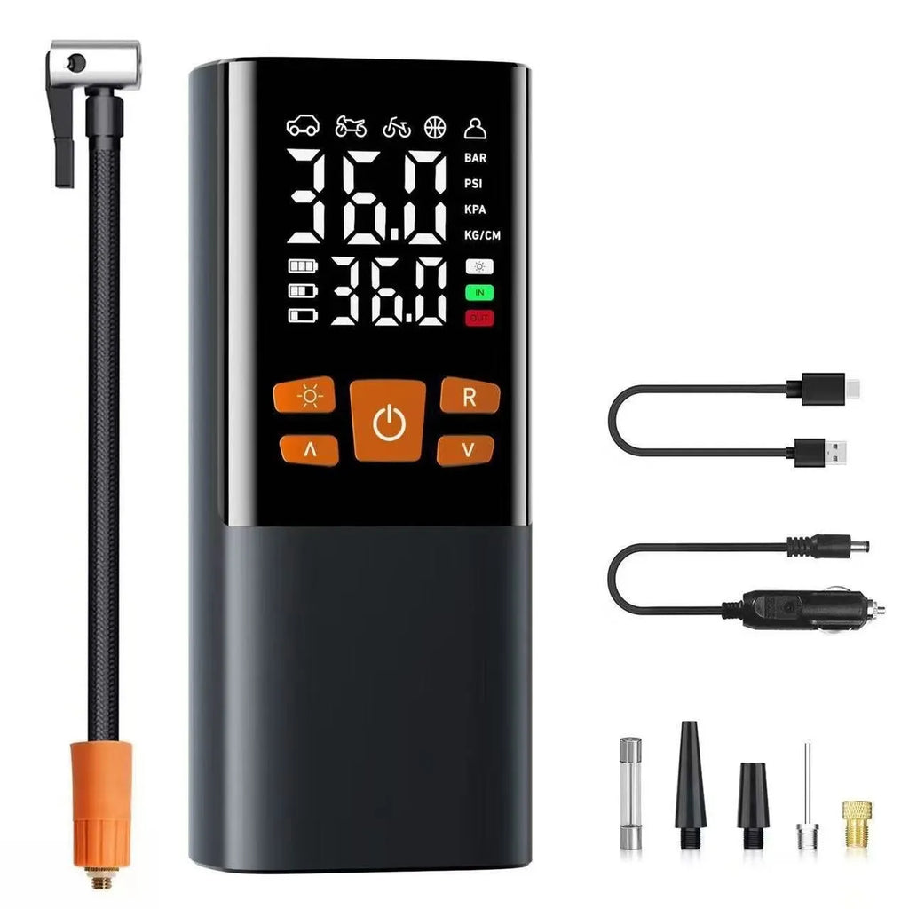 Wireless black tyre inflator with ABS body, tire pressure gauge, and warning light on a car tyre
