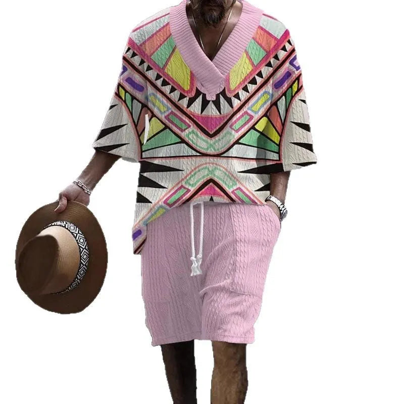 Men's loose casual short sleeve suit with matching shorts in a light colour