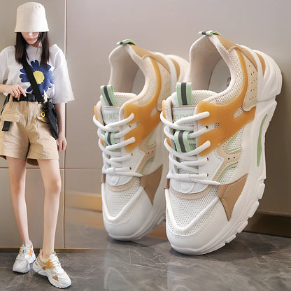 Breathable student running sneakers with waterproof PU upper and 3-5cm platform in khaki colour
