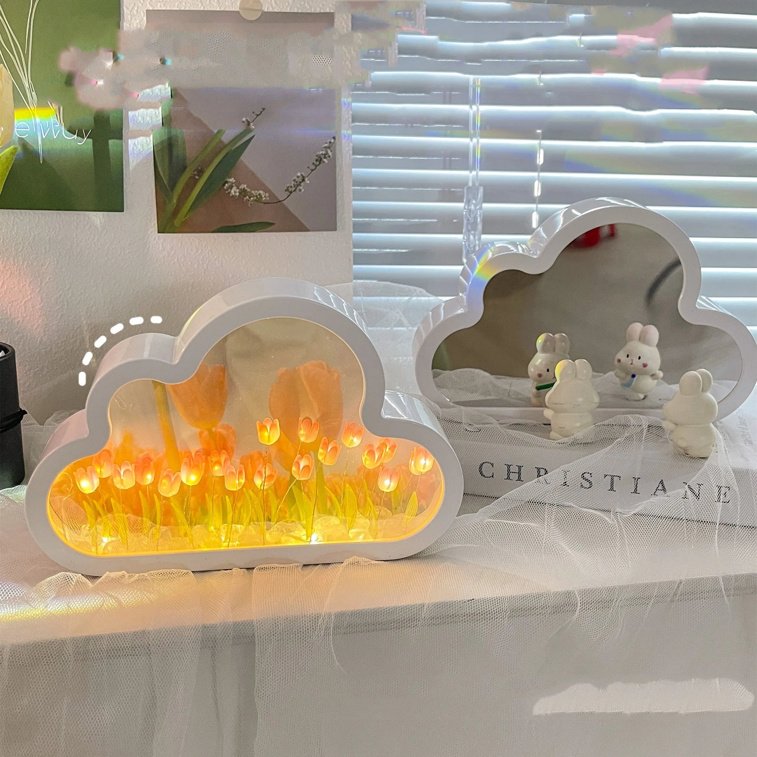 DIY tulip-shaped night lamp with mirror and photo frame in blue colour on wooden desk