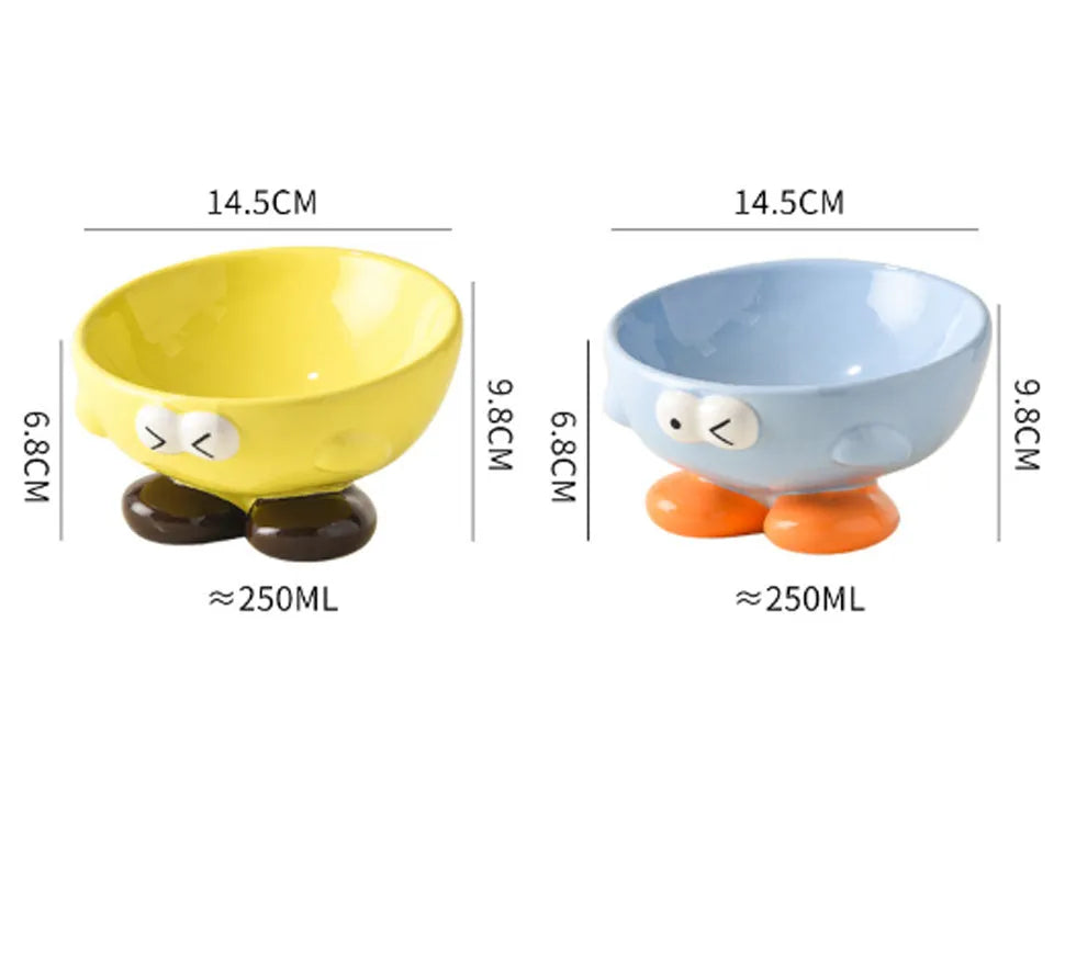 Blue tall ceramic pet food bowl with oblique shape and a silicone non-slip ring on the base.