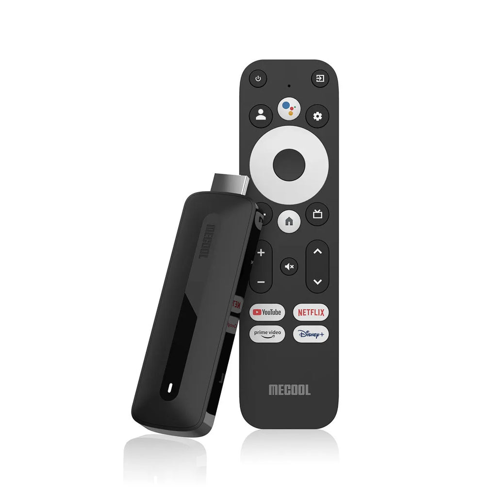 Black 905Y4 ATVKD3 Android TV box with Bluetooth remote and HDMI port on desk