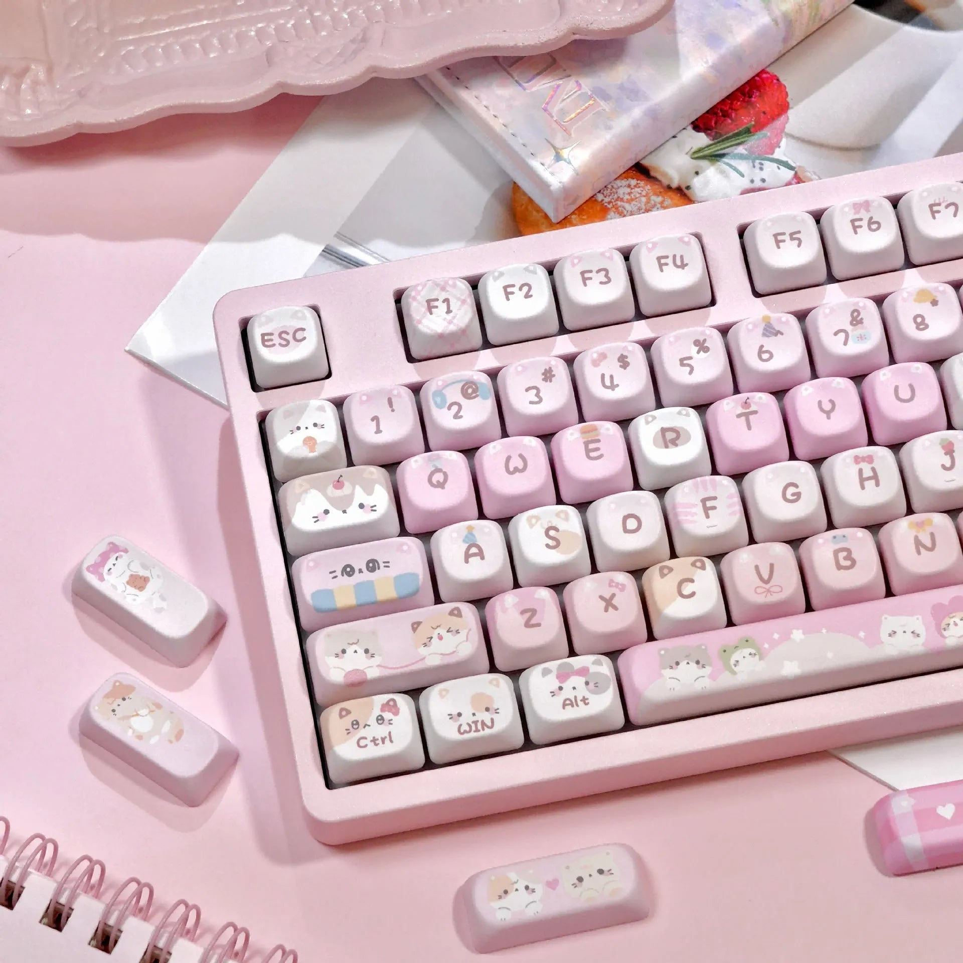 Pink cartoon design MOA profile mechanical keyboard keycaps showing print on top and sides