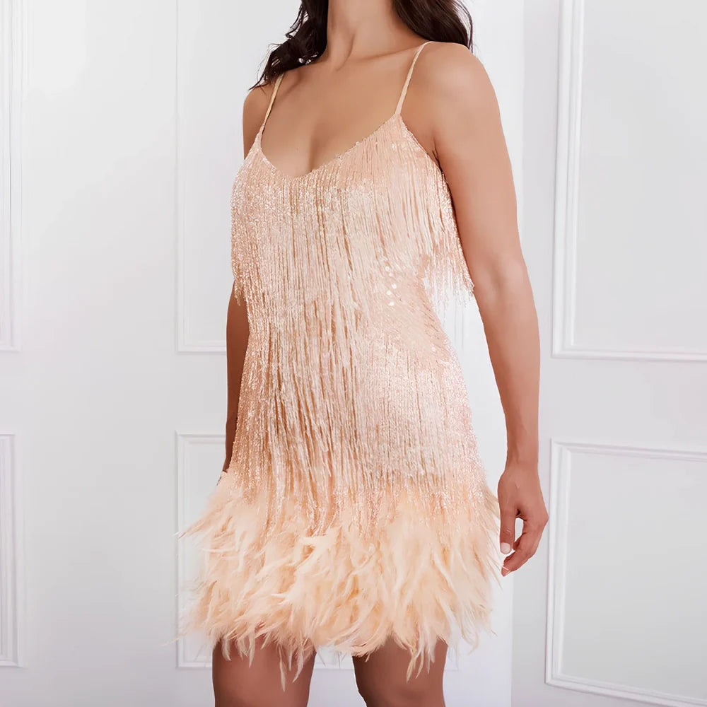Women's beige tassel sequins feather mini dress, V-neck A-line in lace, 85cm length for summer evenings