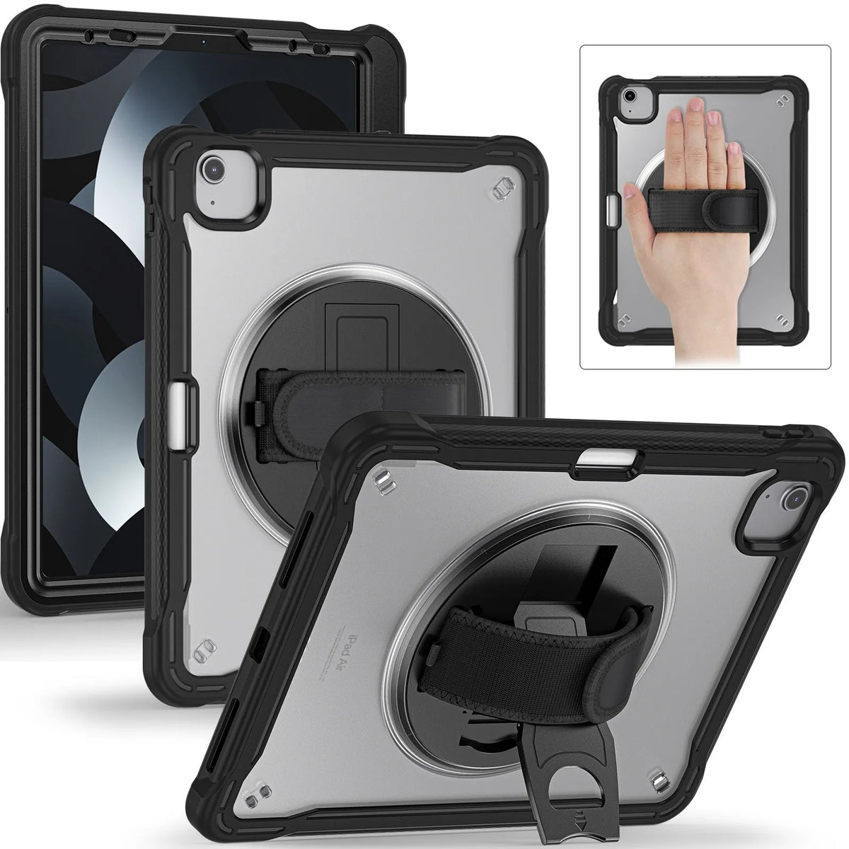 iPad Mini 6 rotating bracket case in black with lanyard and wristlet