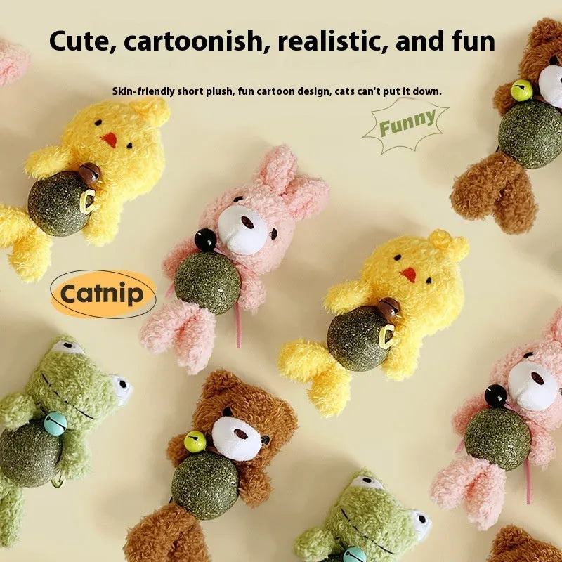Plush cat toy with mint-scented ball and jingle bell in animal doll design for cat chewing and play