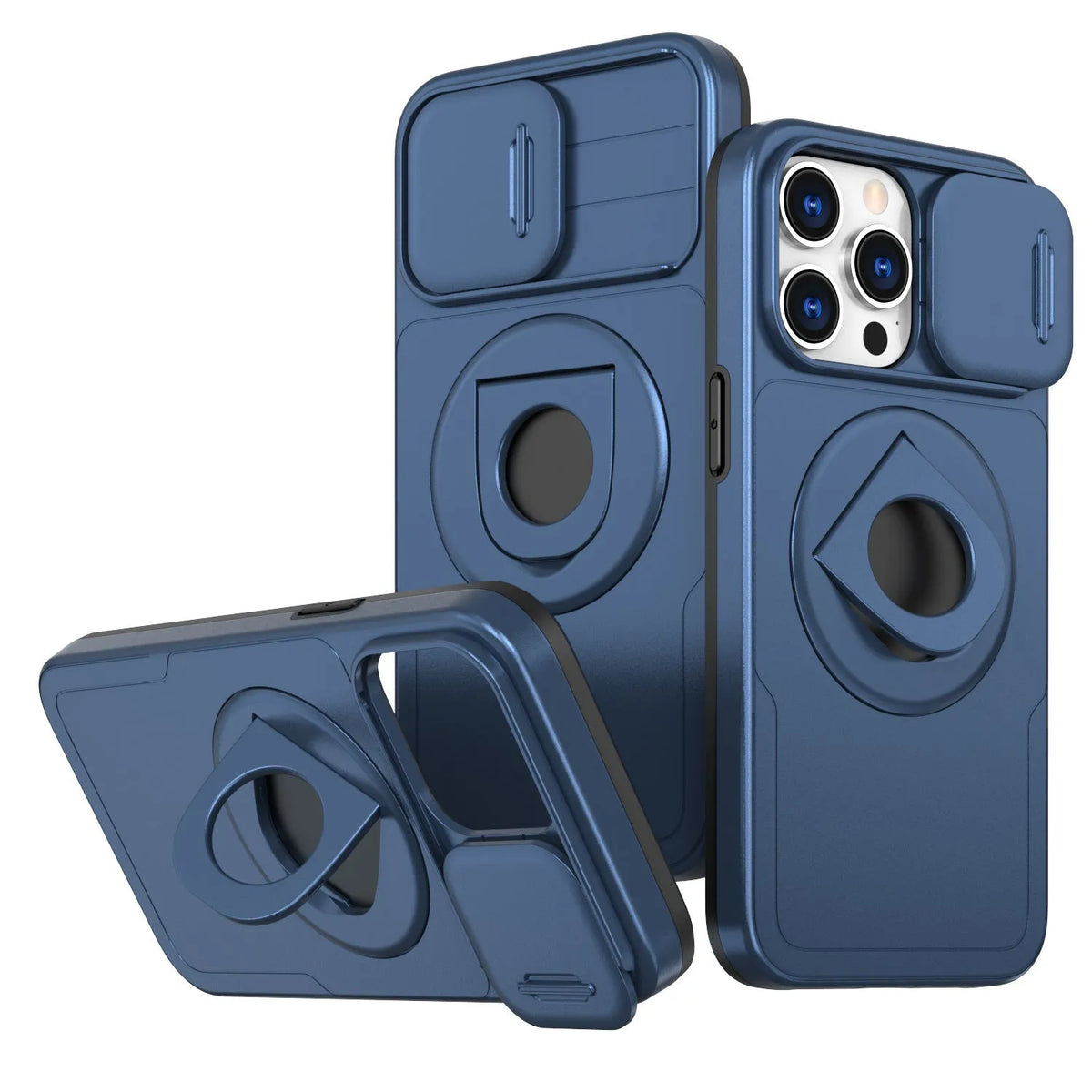 Black phone case with sliding window and magnetic ring bracket for Apple iPhone models
