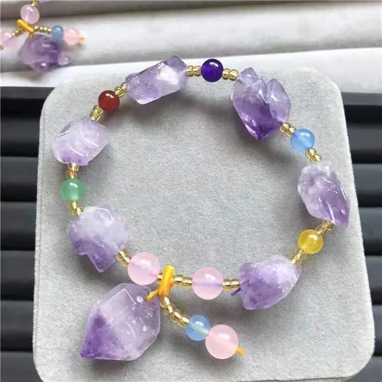 Purple amethyst bracelet with natural shaped beads and Chinese fu character charm for women