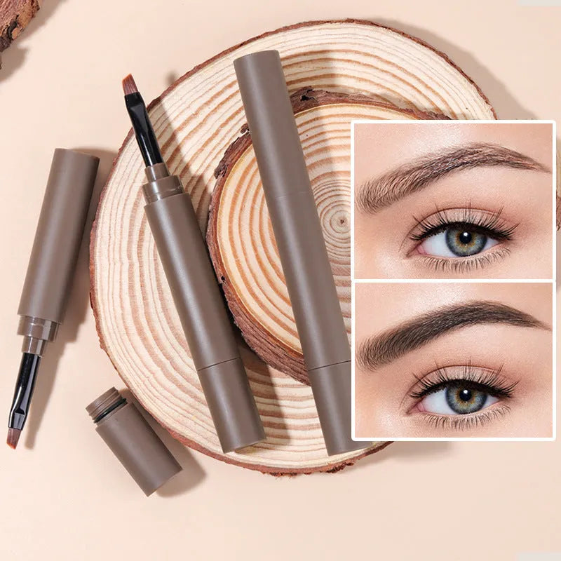 Dual-ended eyebrow makeup stick with cream pencil and powder in a case, shown in one of five natural shades.