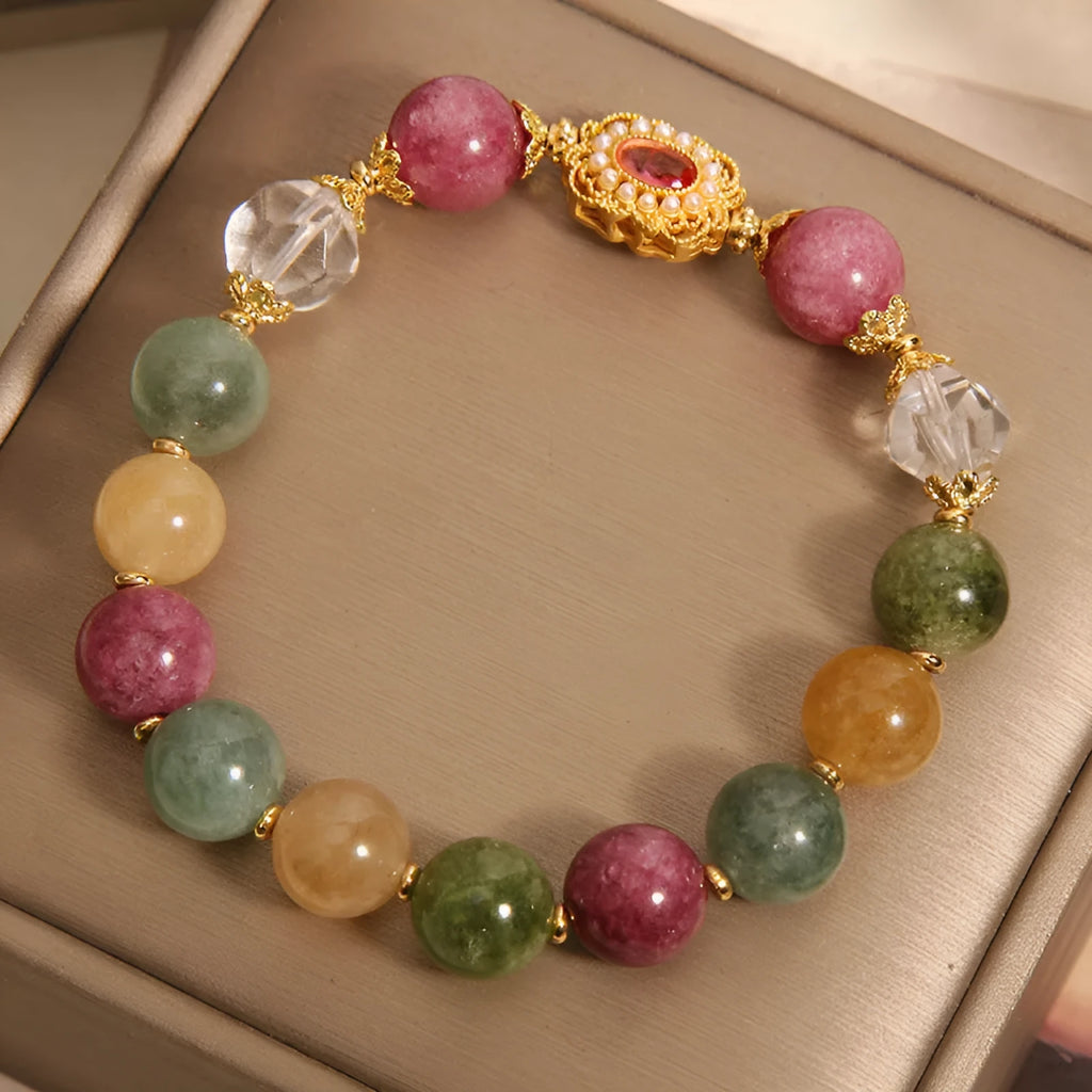 Jade colour tourmaline bead bracelet for women with alloy setting and rhinestone details
