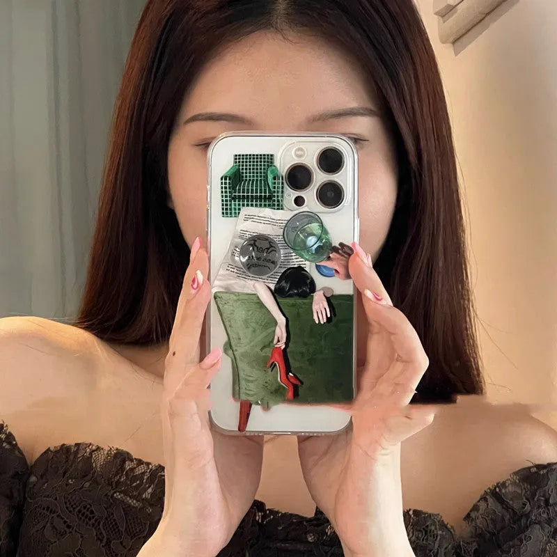 New illustration anti drop silicone phone case for iPhone with push pull bracket option