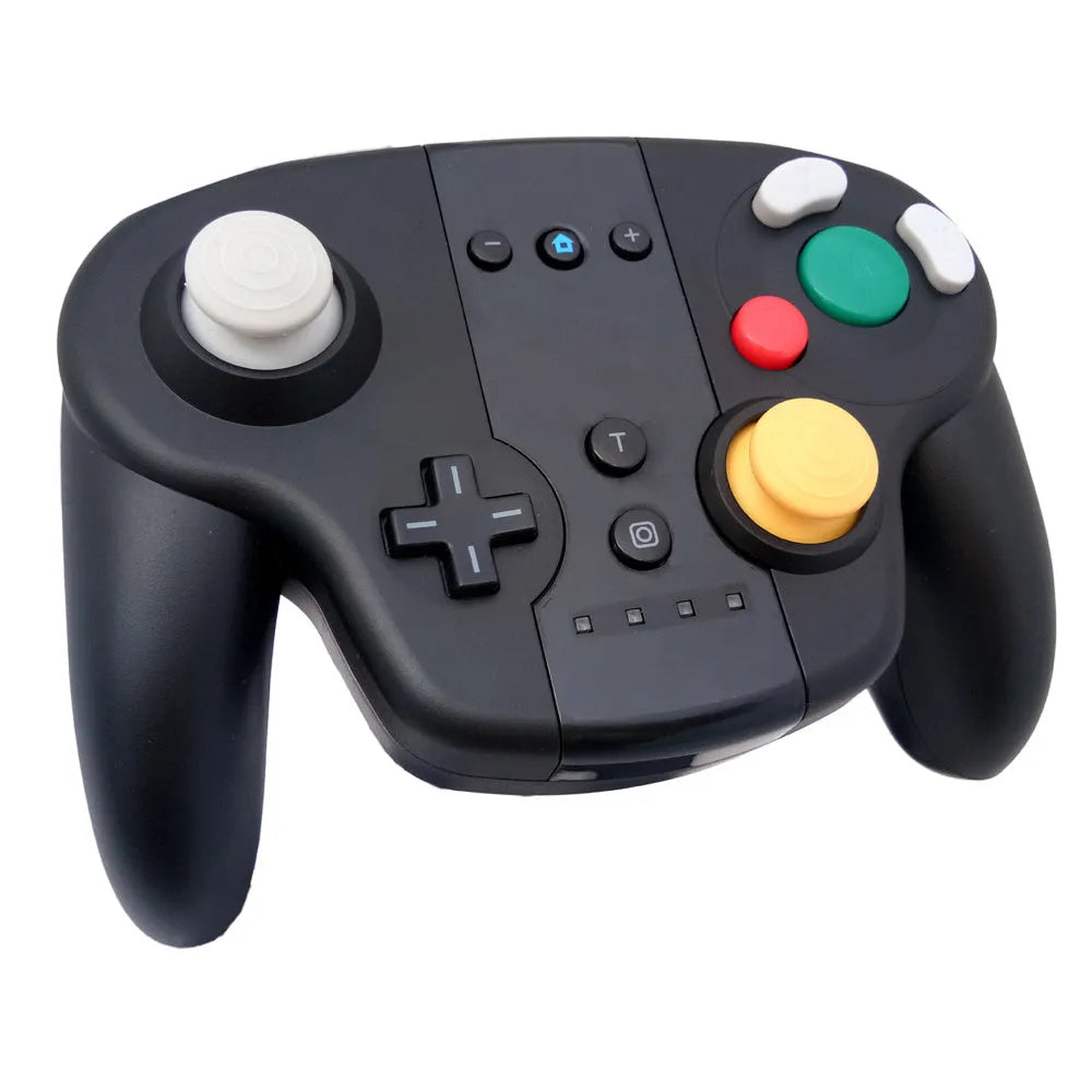 Black wireless Bluetooth gamepad for Nintendo Switch with colourful packaging, showing its size and buttons.