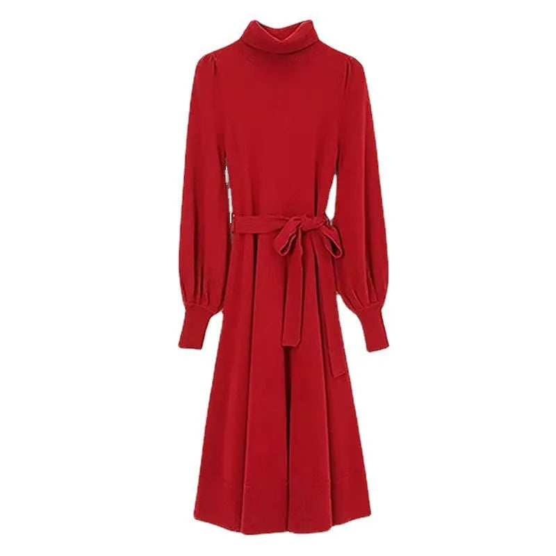Women's turtleneck knit dress in rose red with long sleeves, loose hem, and elastic waist.