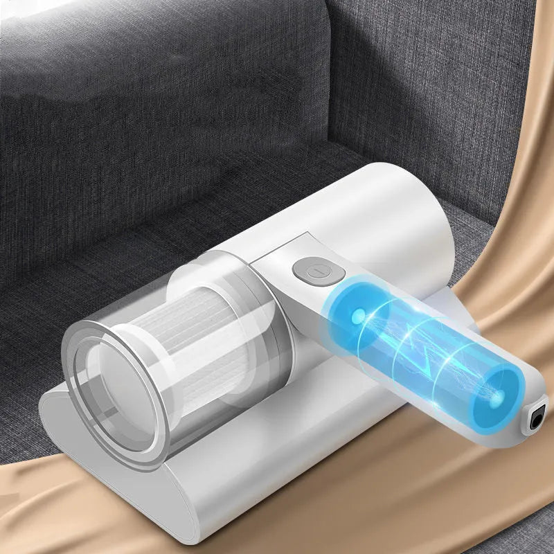 White wireless mite removal instrument with UV sterilization and 300W motor on a bed