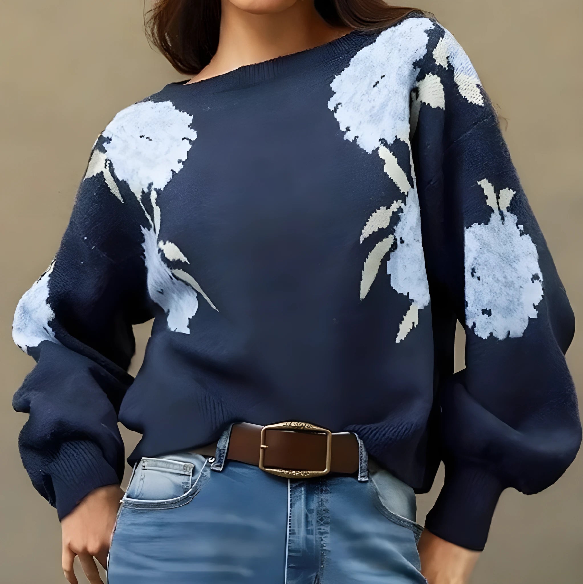 Sapphire blue women's jacquard pullover with flower pattern, off-neck design and loose fit