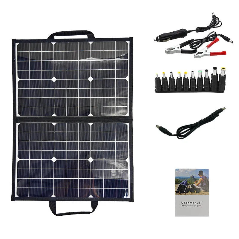 Black folding bag containing a 40W single crystal solar panel for portable outdoor charging.